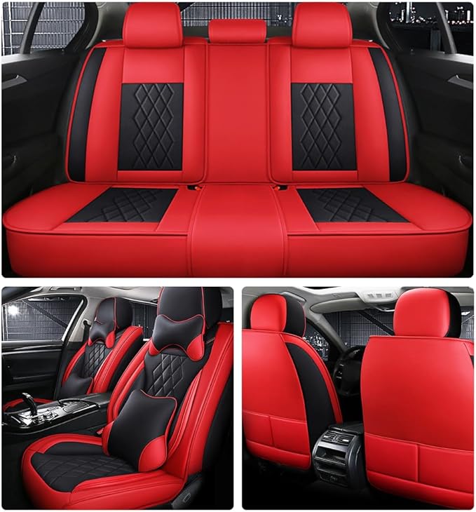 Leather Car Seat Covers for Volkswagen Atlas 2019-2023 Waterproof,Breathable and Non-Slip Napa Leather Car Interior Seat Covers,Comfortable and Durable,Easy to Install (5PCS,Luxury,Black+Red)