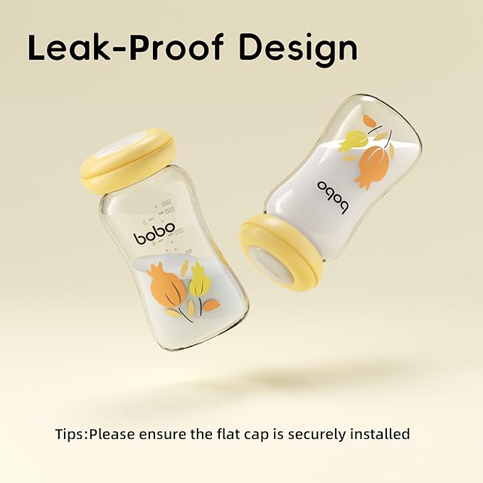 YOHKOH Glass Breast Milk Storage Bottles - 100% Leak-Proof, BPA-Free Breastmilk Storage Containers, Freezer & Dishwasher Safe, Ideal for Nursing Mothers (Yellow, 5.4oz (Pack of 4))