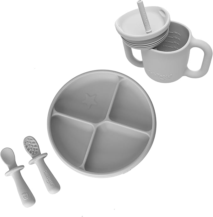 TalkTools ITSY Silicone Baby Plates Set with Suction – Feeding Essentials for Toddlers 6–12 Months+ | BLW Mealtime Set with Twin Spoon, Spill-Proof Sippy Cup | Self-Feeding Utensils (Cloud)