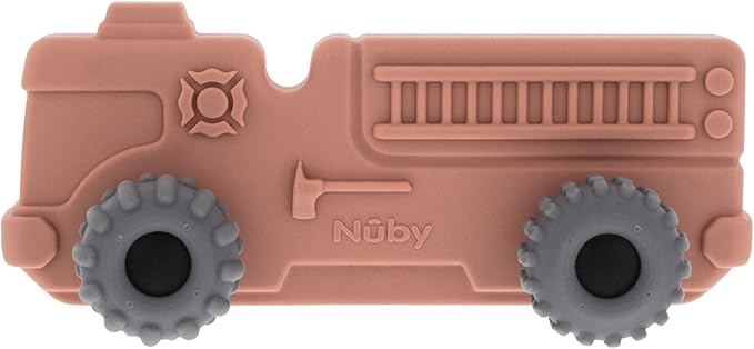 Nuby Silicone Teether Toy for Babies - Textured Teething Red Firetruck with Moving Wheels - Soothes Sore Gums - Encourages Tactile Development and Hand-Eye Coordination - Ages 6+ Months