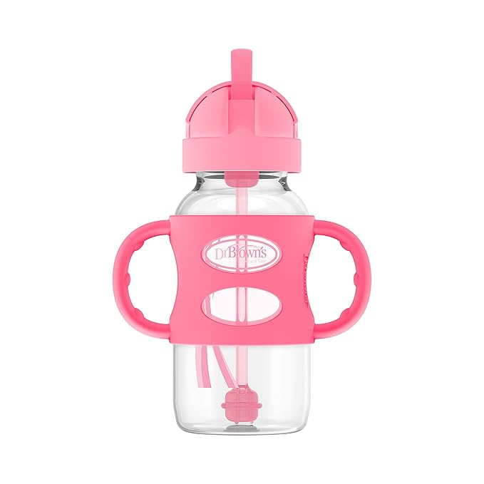 Dr. Brown's Milestones Wide-Neck Sippy Straw Bottle with 100% Silicone Handles and Weighted Straw, 9 oz/270 mL, Gray & Pink, 6m+, 2 Count (Pack of 6)