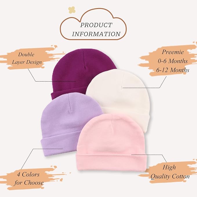 Bamery Cotton Baby Girl Hat Preemie Boys Beanie Newborn Hospital Hats Winter Infant Hats for Girls