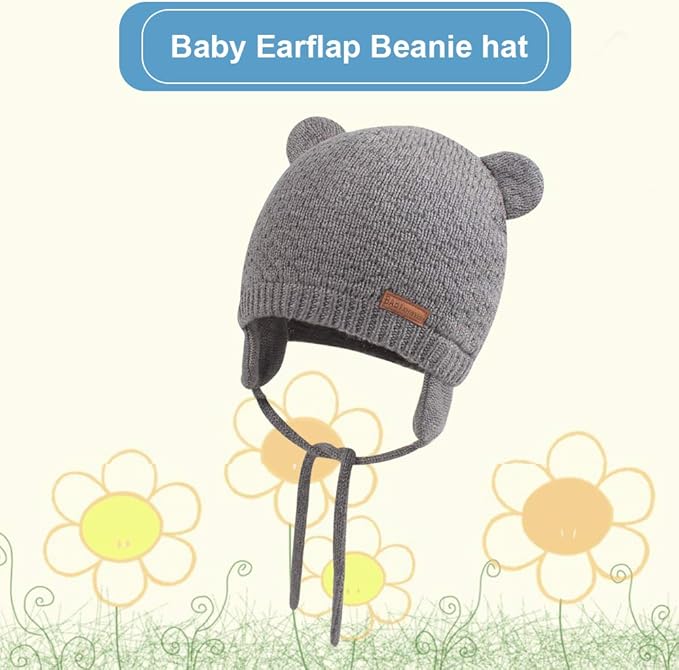 BAVST Baby Beanie Hat for Winter with Earfalp Cute Bear Kids Toddler Girls Boys Warm Knit Cap 0-2Years