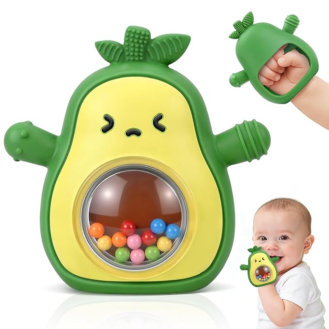 Baby Teething Toys 3-6 6-12 Months, Avocado Baby Teething Mitten with Rattle, BPA Free Silicone Infants Teether Sensory Chew Toys for Newborns, Baby Shower Gifts for Boys Girls