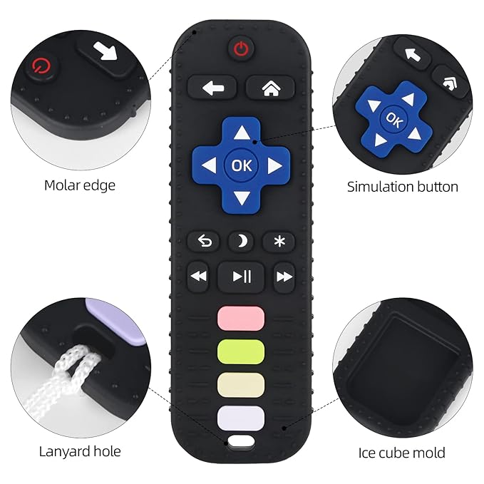 Chuya Baby Teether for Babies 3 6 12 18 24 Months TV Remote Control Shape Soft Gums Chew Toys Black+Blue