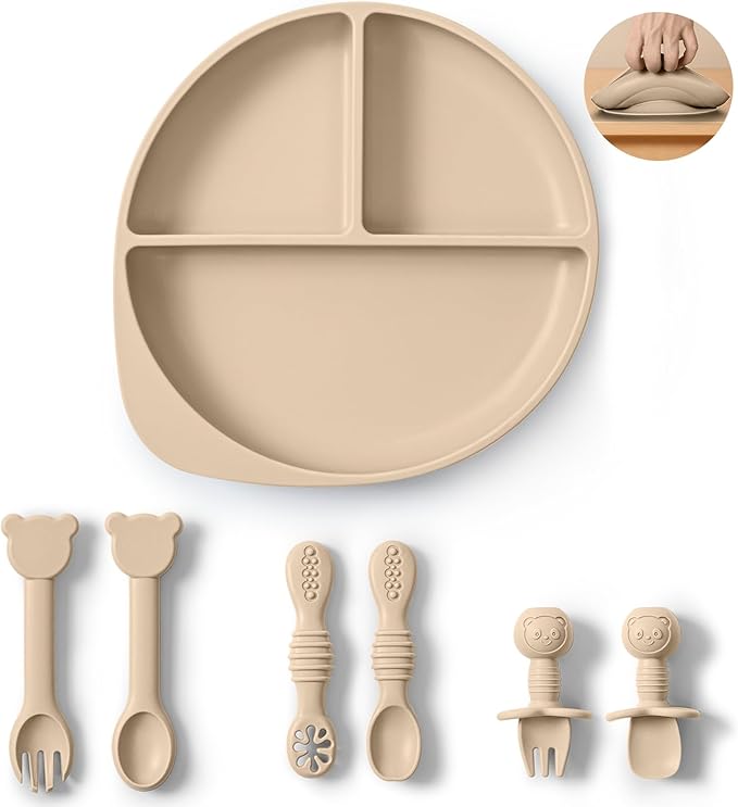 Silicone Baby Feeding Set Plates and Utensils Set for Baby Toddlers Infant Kids,forks and spoons baby plates with suction,baby spoons self feeding 6 months,baby feeding essentials (Beige)