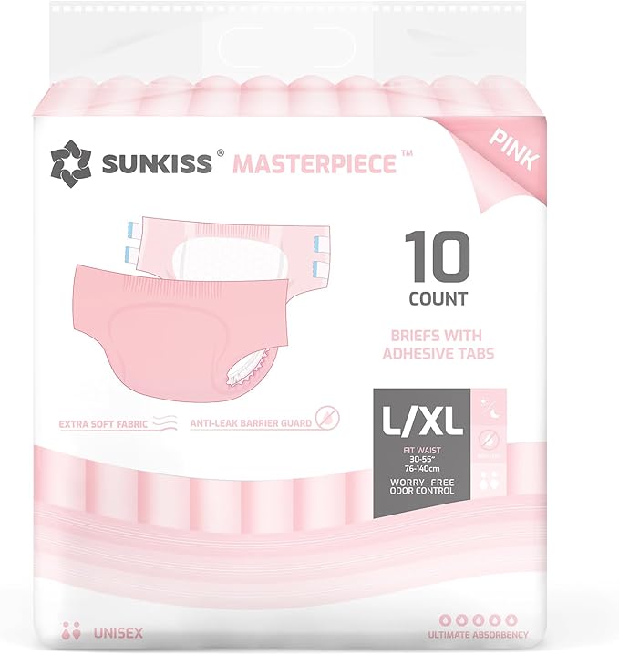 SUNKISS Masterpiece Adult Diapers with Tabs, Unisex Disposable Incontinence Briefs for Women and Men, Odor Control, Pink, Large/XLarge, Previously Large,10 Count
