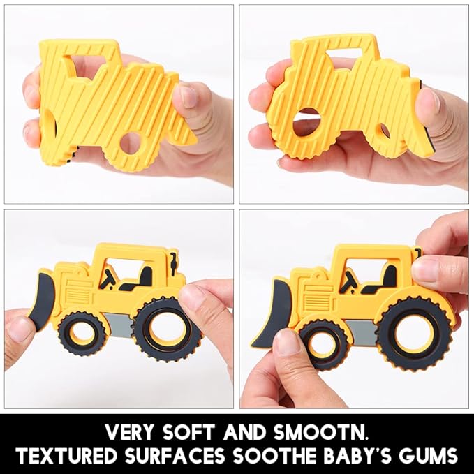 Baby Food Grade Silicone Car Teether Toy with Pacifier Clip Holder,Teething Pain Relief Toys Gift Set for 3 Months+ Boys and Girls,Freezer Safe,BPA Free (Bulldozer, Yellow)
