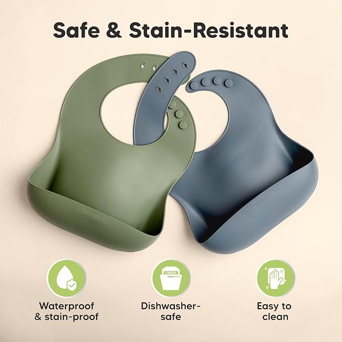 KeaBabies 2-Pack Silicone Baby Bibs for Eating - Sturdy Food-Grade Silicone Bibs for Babies Girl, Boy, Large Food Catcher, Clean & Put On Easily, Waterproof Toddler Feeding Essentials (Slate)