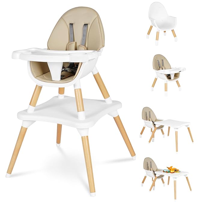 6 in 1 High Chair for Babies & Toddlers, Convertible Wooden Baby Highchair, Table and Chair Set, Baby Feeding Chair, 5-Point Adjustable Harness/4-Position Removable Tray& PU Seat Cushion(Beige)
