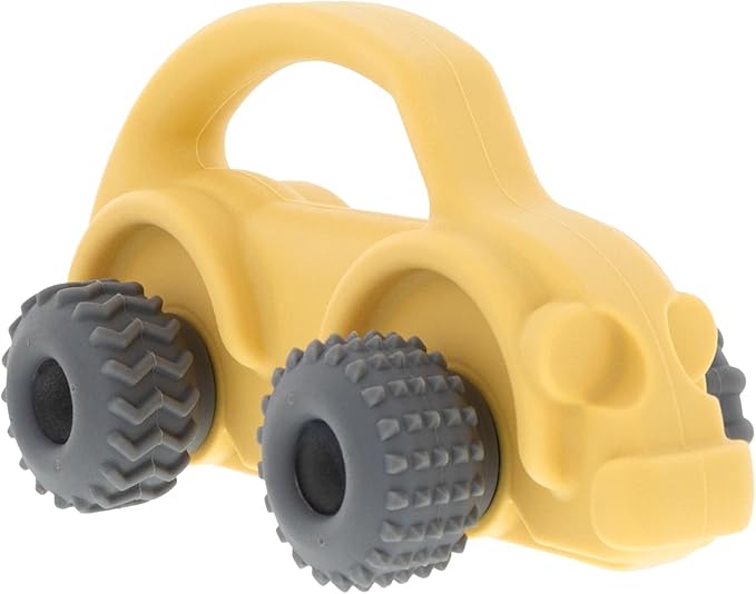 Nuby Silicone Teether Toy for Babies - Textured Teething Yellow Bug Car with Moving Wheels - Soothes Sore Gums - Encourages Tactile Development and Hand-Eye Coordination - Ages 6+ Months