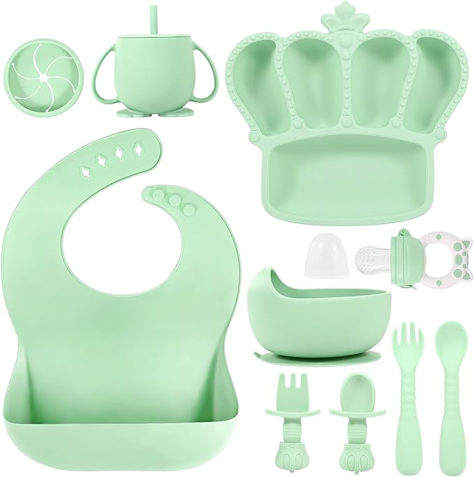 BXLL 10 Pcs Green Silicone Baby Feeding Set - Baby Led Weaning Supplies with Suction Bowl, Divided Plate, Bibs, Fruit Feeder, Pacifier, Spoons, Forks, Sippy Cup & Snack Cup