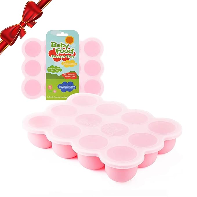 Samuelworld Baby Breast Milk and Food Storage Container, 12 Portions x 2.5oz, Stackable Food Grade Silicone Tray with Clip-On Hard Lid for Homemade Purees, Vegetables & Fruits - Pink