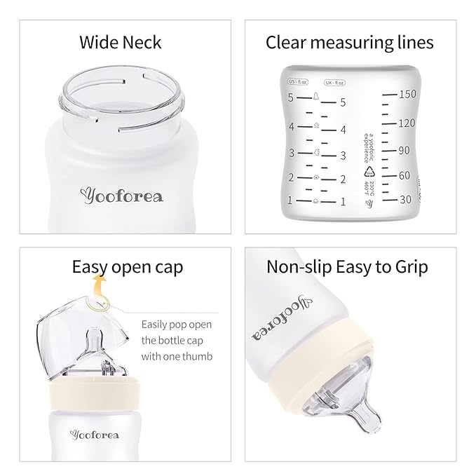Yooforea Silicone Coated Glass Baby Bottle, 0M+ Slow Flow Nipple I Anti-Colic, Wide Neck, Stable Base I Medical-Grade Silicone Coating for Shatter Protection, BPA BPS PVC Free (3 Ounce-Cream)