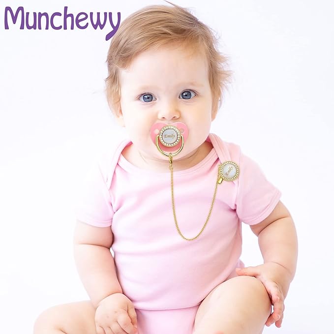 Personalized Pacifier with Name, Bling Gold Pacifier Clip Set with Gift Box Greeting Card, Glitter Crystal Luxurious Dummy Ideal Gift for Girl Baby Shower Newborn Photography(Pink)
