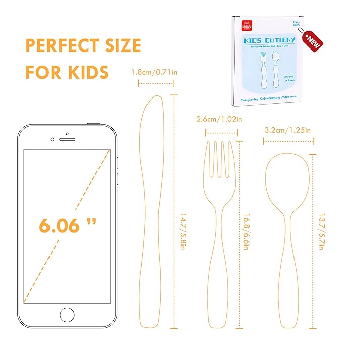 Lehoo Castle 6 Pieces Toddler Utensils, Kids Silverware for 2 3 4 Years Old, Stainless Steel Knife Fork and Spoon Set with Plastic Handle, Safe Toddler Cutlery (Orange)