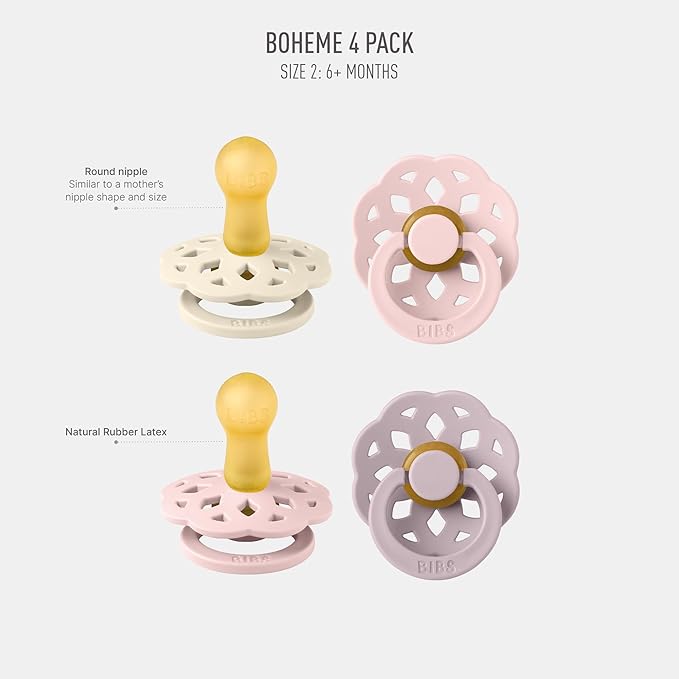 BIBS Boheme Soother 4-Pack | BPA Free Dummy Pacifier | Round Nipple | Natural Rubber Latex | Made in Denmark | Size 6-18 Months | Blossom Mix