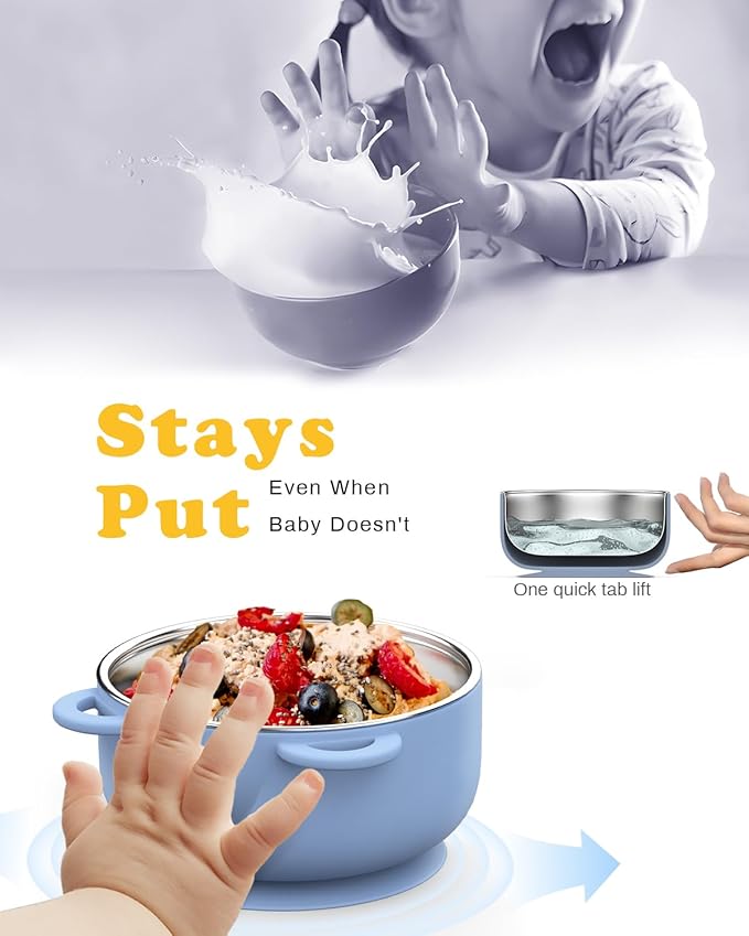 Toddler Bowls with suction & Utensils Set, 2-in-1 Stainless Steel 304 Kids Feeding Bowl & Silicone Suction Baby Bowl with Spoons and Forks, First Self-feeding Training Set, Organic Bloom