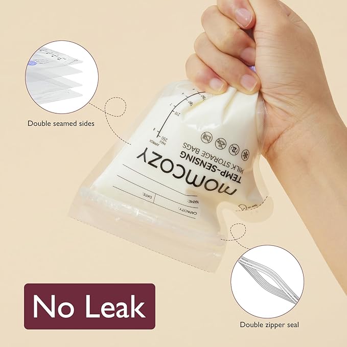 Momcozy Easy Pour Breastmilk Storage Bag, 8Oz, Temp-Sensing Color Change, 200 Count Milk Bag with Self Standing for Breastfeeding, No Leak Presterilized for Freezer, Recyclable & BPA Free