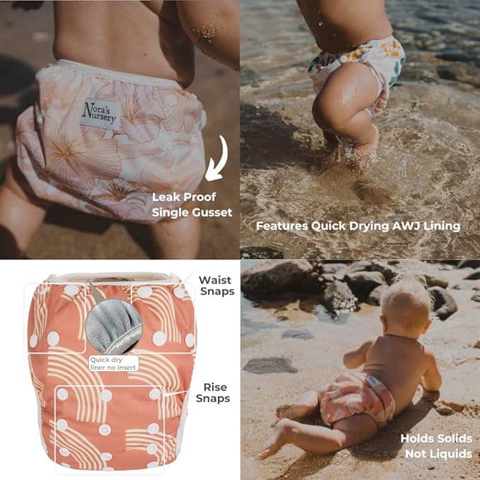 Nora's Nursery Reusable Swim Diapers and Wet Bag - One Size Fully Adjustable - Tropical 3 Pack with Wet Bag