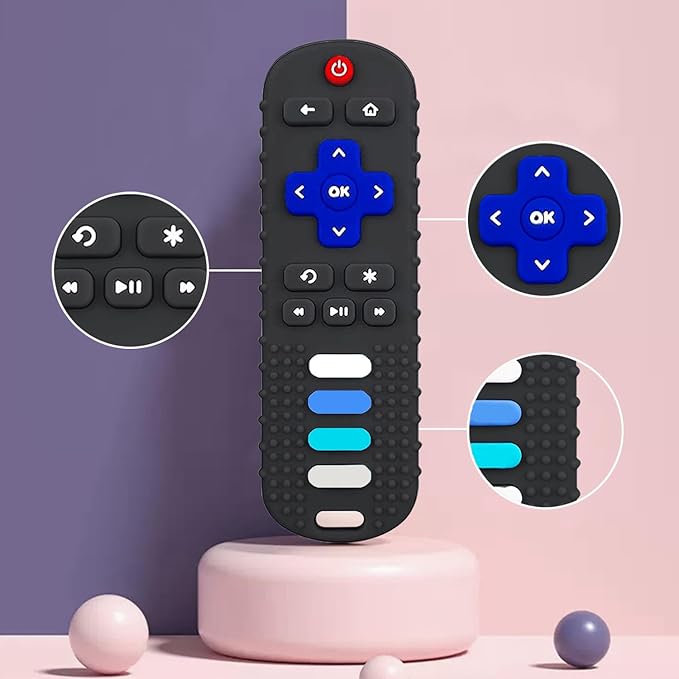 2-Pack Baby Teething Toys-TV Remote Control Shape Silicone Infants Teething Toys for Babies 0-18 Months,BPA-Free (Black+Pink)