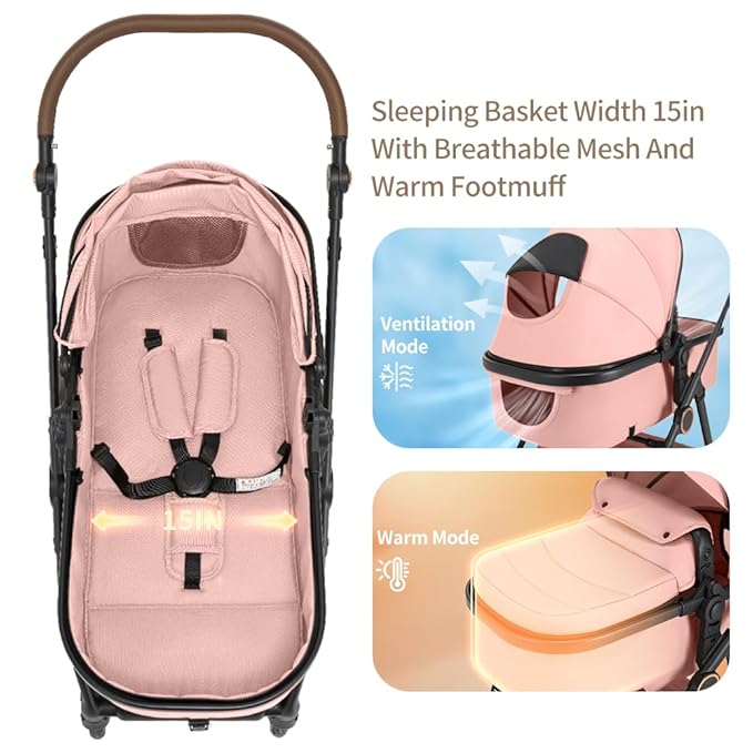 2 in 1 Baby Stroller, High Landscape Infant Stroller Pram Foldable Pushchair with Adjustable Canopy, Storage Basket,5-Point Harness,Mom Bags (Brown)