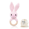 WOODEN TEETHER Crochet Baby Rattle, Crochet Baby Toys, Easter Bunny Rattle, Newborn Animal Rattle Toys，Knitted Stuffed Animals Gifts for Baby, Pink Bunny