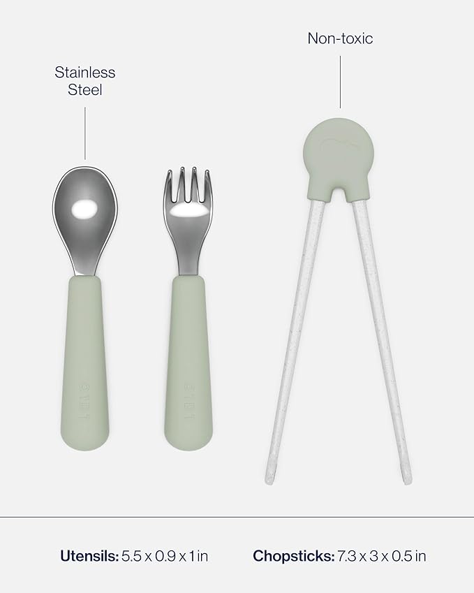Lalo Big Bites Kids Dinnerware Full Set - Dishwasher Safe, BPA Free, Kids Tableware Set - Includes Stackable Bowl, Plate, Utensils & Cup - 7 Pieces - Sage
