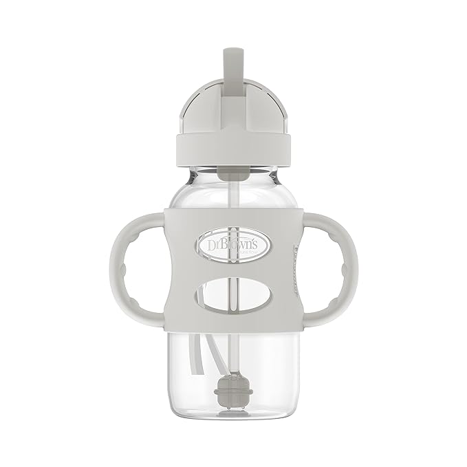 Dr. Brown's Milestones Wide-Neck Sippy Straw Bottle with 100% Silicone Handles and Weighted Straw, 9 oz/270 mL, Gray & Pink, 6m+, 2 Count (Pack of 6)