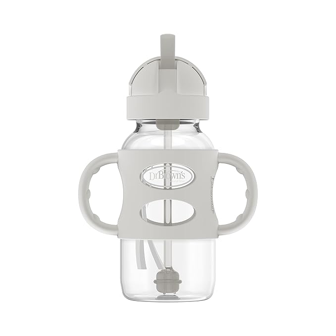 Dr. Brown's Milestones Wide-Neck Sippy Straw Bottle with 100% Silicone Handles and Weighted Straw, 9 oz/270 mL, Gray & Pink, 6m+, 2 Count (Pack of 1)