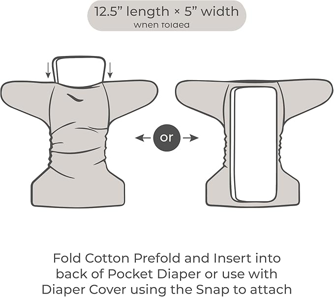 Nora's Nursery 3 Layer Cotton Prefolds 2 Pack with Snaps | Super Soft, Reusable, and Absorbent Cloth Diaper Liners | Gentle Cotton Diapering Solution for Babies
