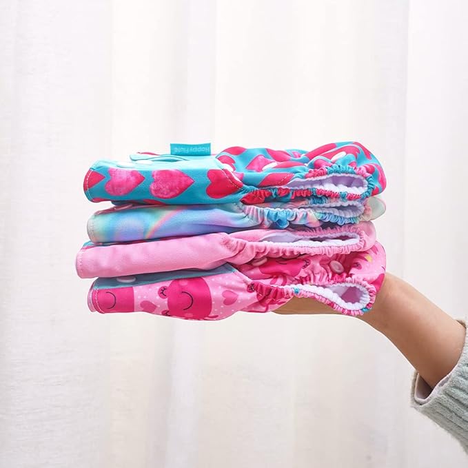 HappyFlute 4 Sets Newborn Baby Cloth Pocket Diapers One Size Adjustable Reusable for Baby Boys and Girls(No Inserts,Pink)