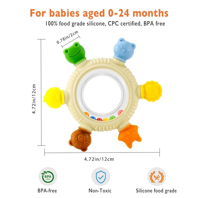 Baby Teething Toy for 0-6 6-12 Months Sensory Toys Baby Rattle Teether | Freezer Safe Silicone Teether | Silicone Baby Teething Ring for Teething Relief | BPA Free, Easy Grip Design for Infants