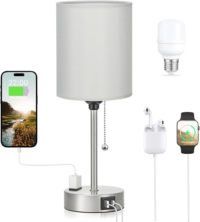 Dicoool Grey Bedroom Lamp for Nightstand - 3 Color Temperature Table Lamp with USB C and A Ports, Pull Chain Bedside Lamp with AC Outlet, Desk Lamp with Silver Metal Base for Kids Girls