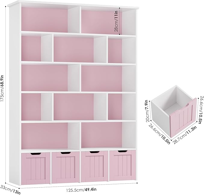 FINETONES 69" H Toy Storage Organizer, 6 Tier Tall Kids Bookshelf with 4 Movable Drawers and 12 Storage Cubbies, 49.4" W Toy Organizers and Storage Organizer Playroom Storage for Kids Room, Pink