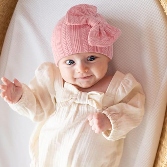 BQUBO Newborn Baby Hats Mittens Set Hospital Hat Beanie Infant Bow Hats Baby Gloves No Scratch Mittens for 0-6 Months
