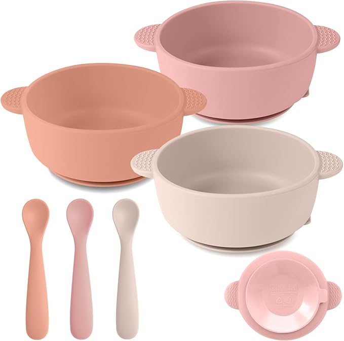 3 Pack Baby Bowls with Suction and 3 Pack Baby Spoons, BPA Free, Silicone Baby Feeding Set for Babies Toddler Kids, Microwave and Dishwasher Safe