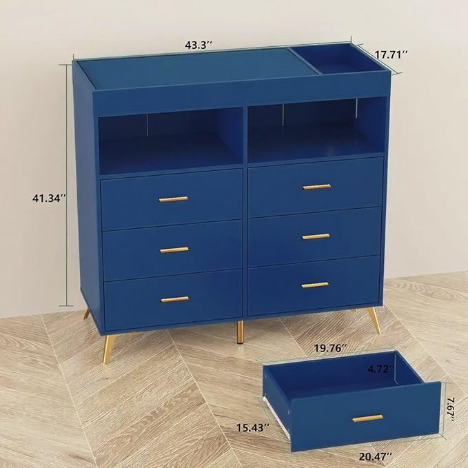 GarveeHome Dresser for Bedroom with 6 Drawers, Baby Changing Table Dresser with Changing Pad, LED Lights & Charging Station, Baby Changing Station with Changing Table Top
