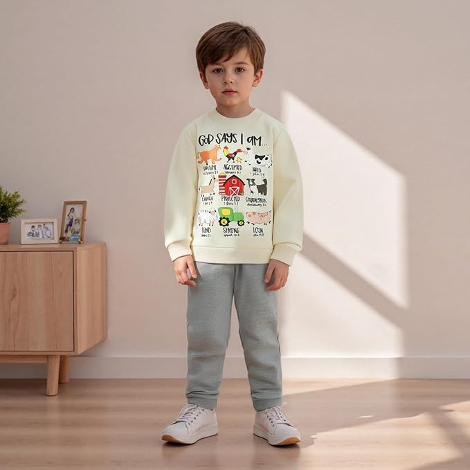 Nyapruwe Toddler Baby Boy Fall Outfit Funny Print Long Sleeve Sweatshirt Joggers Pants Set Kids Warm Winter Clothes