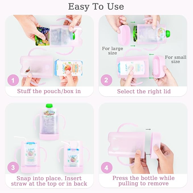 MOMUSE Dual-Lid Squeeze Pouch Holder for Food Pouches & Drink Boxes, Baby Pouch Holder with Larger Capacity, Versatile Design for Self-Feeding, Anti-Squeeze Pouch Holder No Spill No Mess, Pink & Blue