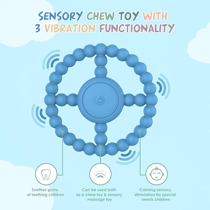 Vibrating Sensory Chew Toy, Vibrating Teether for Baby Over 6 Months, Autism Chew Toys for Kids with USB Chargeable & 3X Vibration Settings