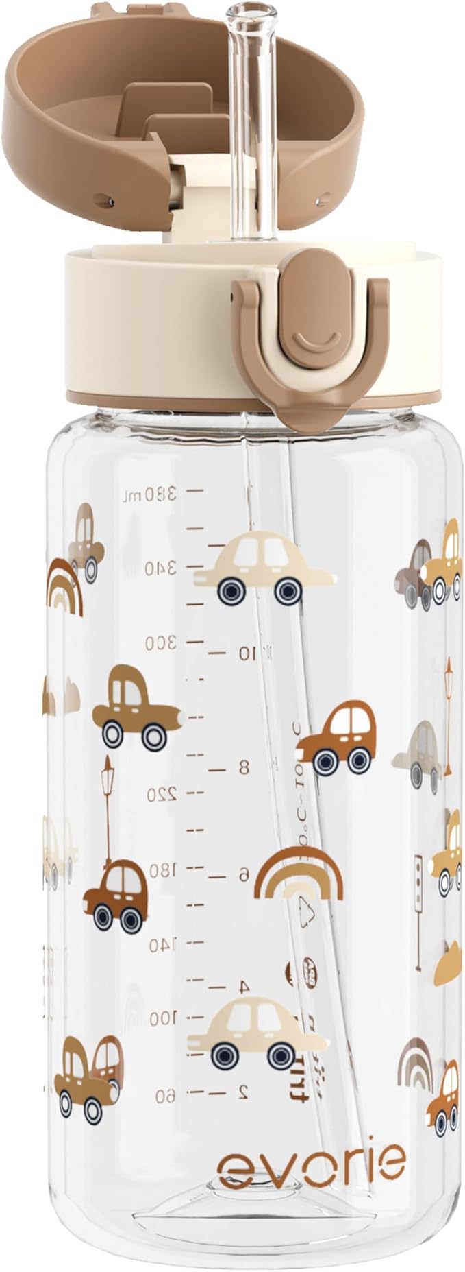 Evorie Tritan Kids Water Bottle for School with Straw, 13oz BPA Free Leak Proof Drinking Cup, Lightweight and Durable Drink Bottle (Choco Car)
