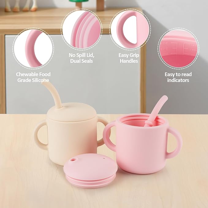 Silicone Baby Cup with Straw, Straw Cup for 6 months+ old, Leak Proof Silicone Baby Training Cup 6 fl oz (Beige)