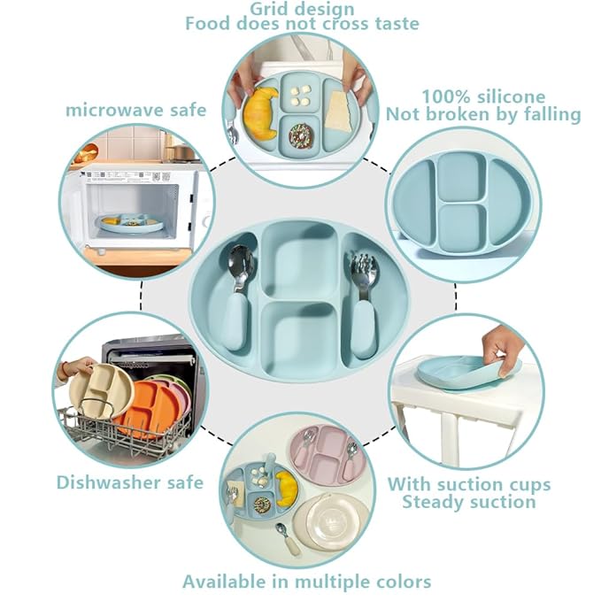 Divided Food Feeding Bowl Silicone Baby Dishes Kid Dinner Suction Baby Silicone Tableware Plate Bowl Spoon Fork Set BPA Free Non Toxic (Blue)