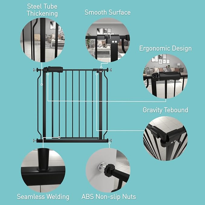 WAOWAO Baby Gate 62.19-66.92" Extra Wide Pressure Mounted Walk Through Swing Auto Close Safety Black Metal Toddler Kids Child Dog Pet Puppy for Stairs,Doorways,Kitchen
