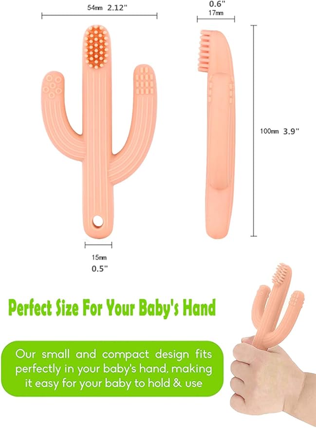 Cactus Teether, Baby Teething Toys for Babies, Self-Soothing Pain Relief Soft Baby Toothbrush for Babies, Toddlers, Infants, Boy and Girl, Natural Organic BPA Free(Peachy)