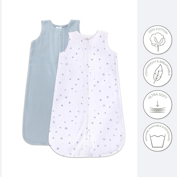 Ely's & Co. 100% Cotton Wearable Blanket Baby Sleep Bag Solid Dusty Blue and Dusty Blue Stars 2 Pack (Baby Boy, Girl 0-3 Months)