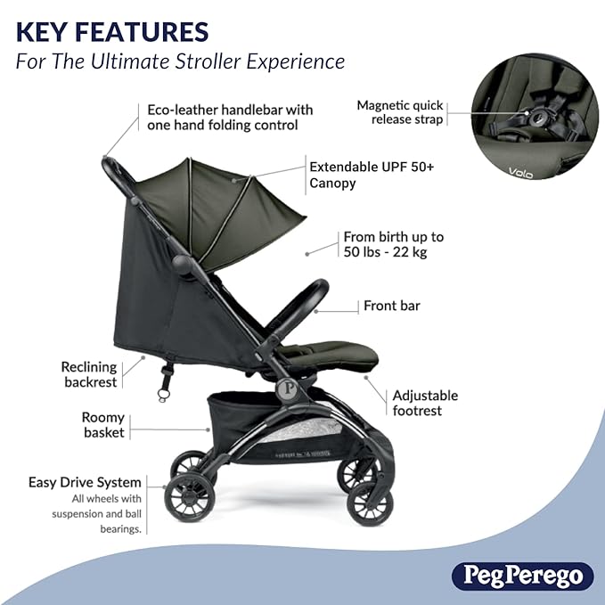 Peg Perego Volo, Ultra Lightweight Carry On Compliant Travel Stroller, Adjustable Features & Reclining Seat - Designed for Everyday Comfort from Newborn to 50lbs, Misty Beige (Light Greige)