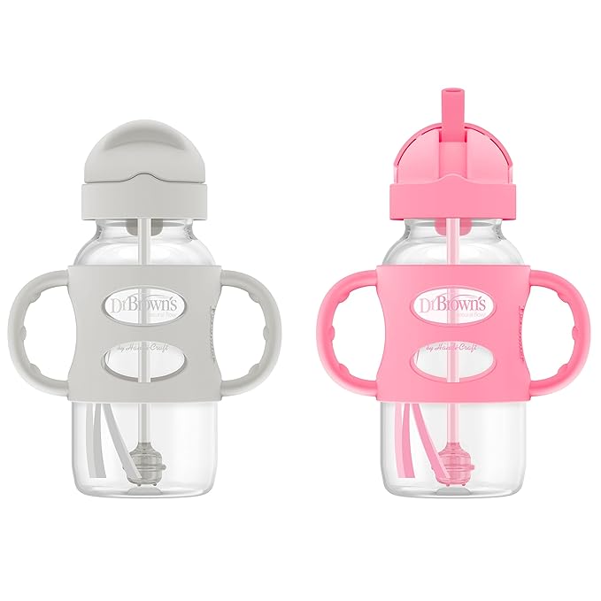 Dr. Brown's Milestones Wide-Neck Sippy Straw Bottle with 100% Silicone Handles and Weighted Straw, 9 oz/270 mL, Gray & Pink, 6m+, 2 Count (Pack of 6)