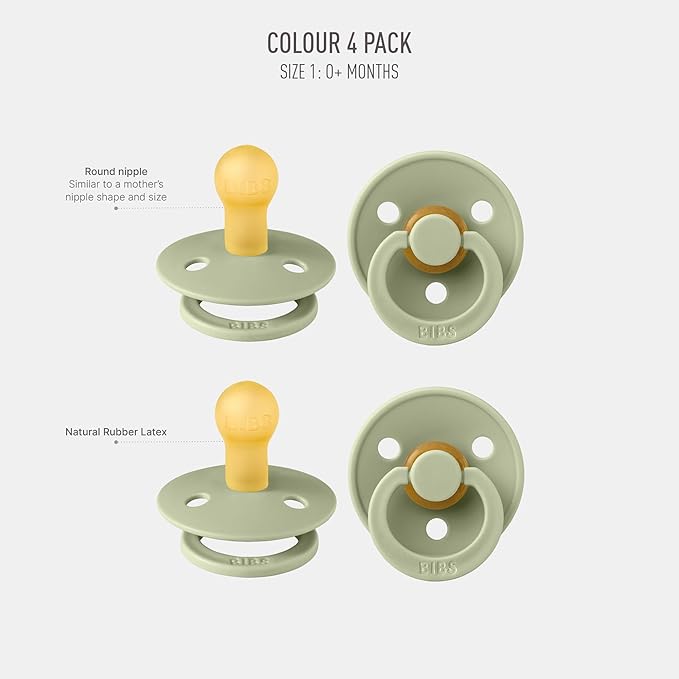 BIBS Pacifiers - Colour 4-Pack | BPA Free Baby Pacifier | Round Nipple Binkies | Natural Rubber Latex Soother | Made in Denmark | Size 1 (0-6 Months) |Sage